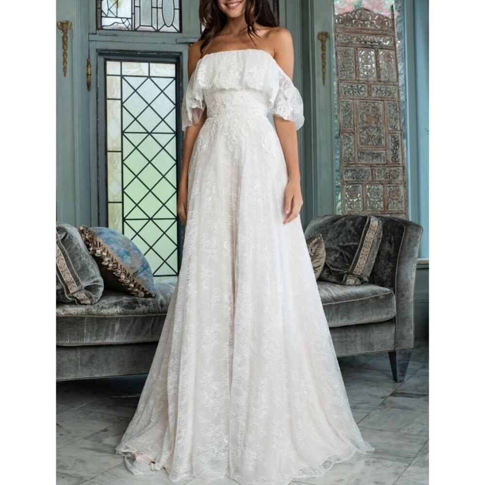 Theia Imelda off-the-shoulder embellished Chantilly Ivory lace bridal gown sz O